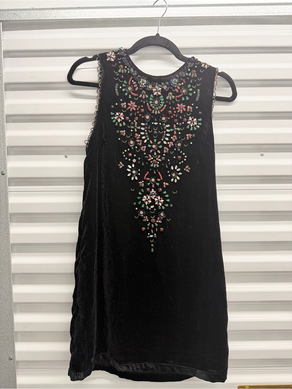 Black Velvet Midi Dress with Multicolor Beaded Neckline